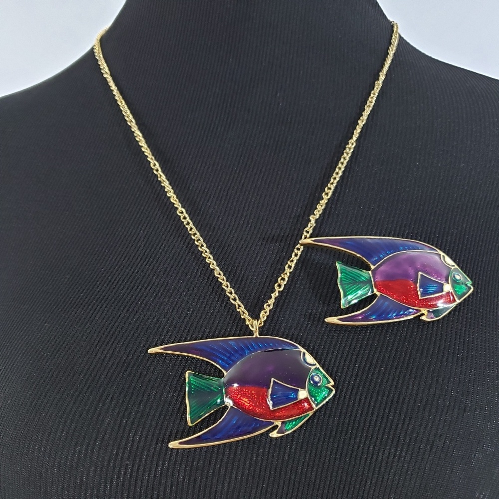Vtg Enamel Fish Necklace and Matching Brooch Pin